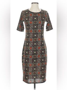 LuLaRoe Midi Dress in Black, Rust and Cream Geometric Squares size S